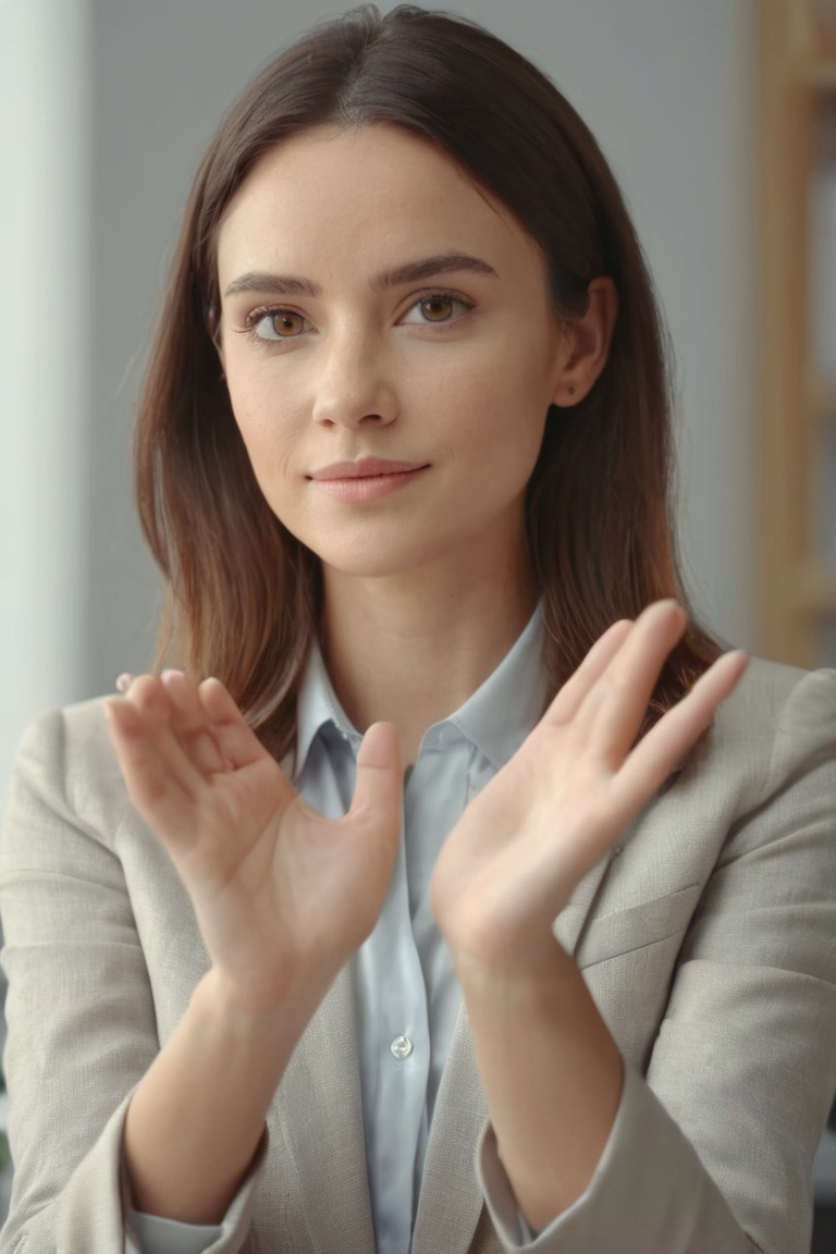 1girl,(open hand:1.2),neutral background with soft lighting,subtle office setting,daytime,(looking directly at the camera:1.2),close-up shot,approachable and confident,nice hands,perfect hands,8k,Best quality,realistic style.,<lora:HandFineTuning_XL:0>,