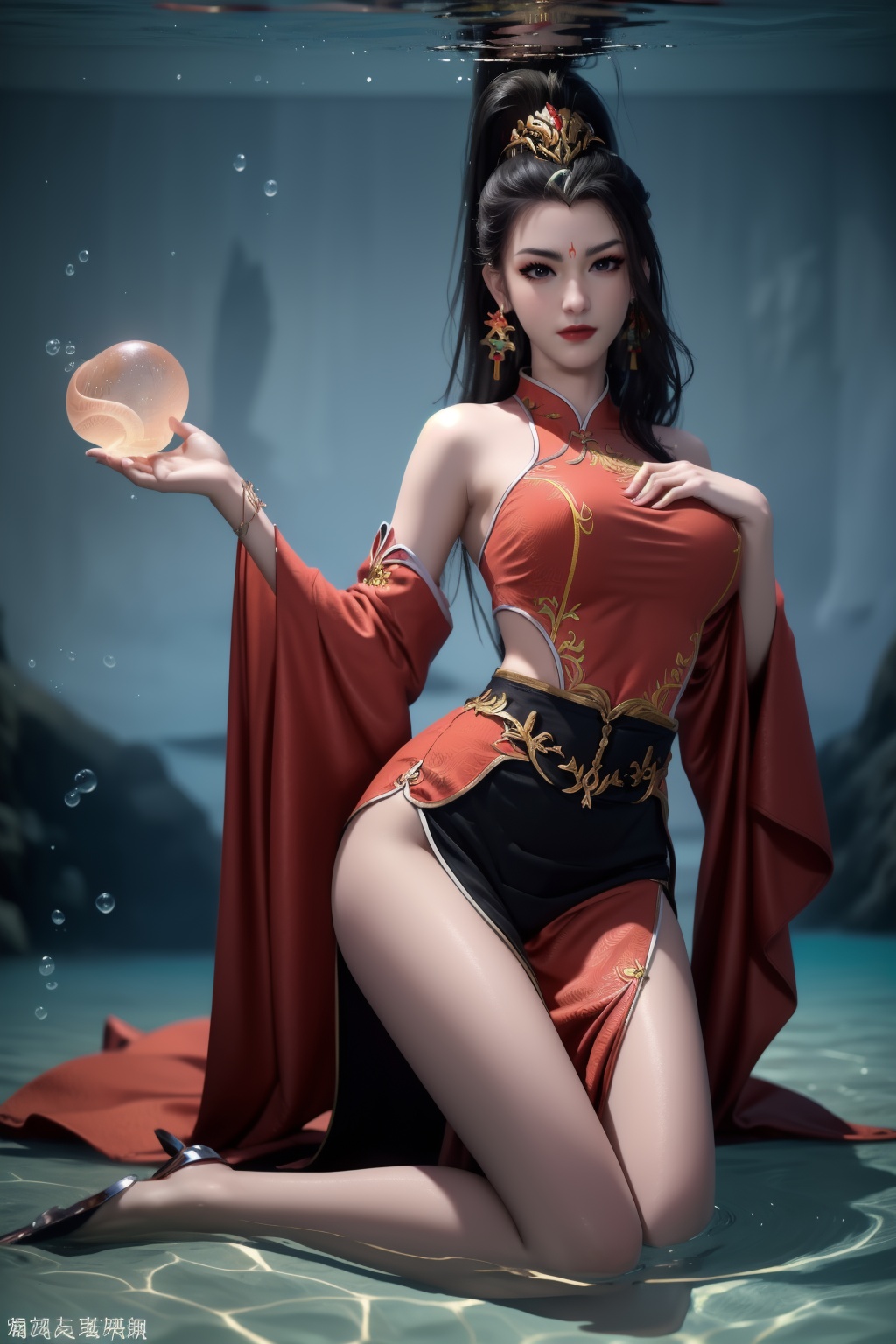 1girl,underwater,submerged,floating hair,air bubble,holding breath,see-through,masterpiece,best quality,highly detailed,fish,(wide hip:1.2),jellyfish,earrings,hair ornament,sea weed,coral reef,shark,sea turtle,sexy pose,kneeling,chinese dress,chinese clothes,large breasts,