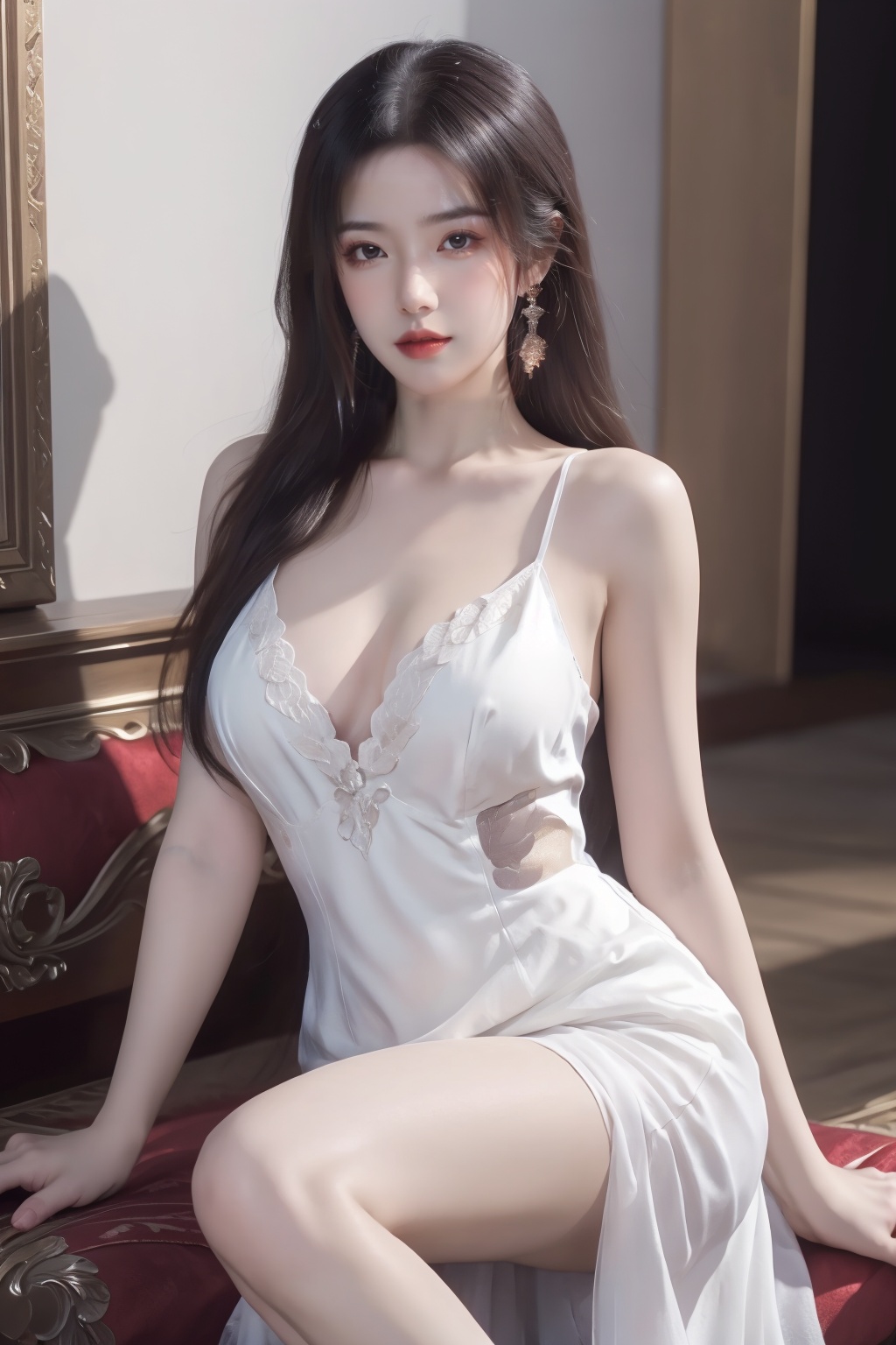 1girl, artist name, bare shoulders, breasts, dress, earrings, jewelry, long hair, looking at viewer, makeup, signature, sitting, solo, white dress,breast, 