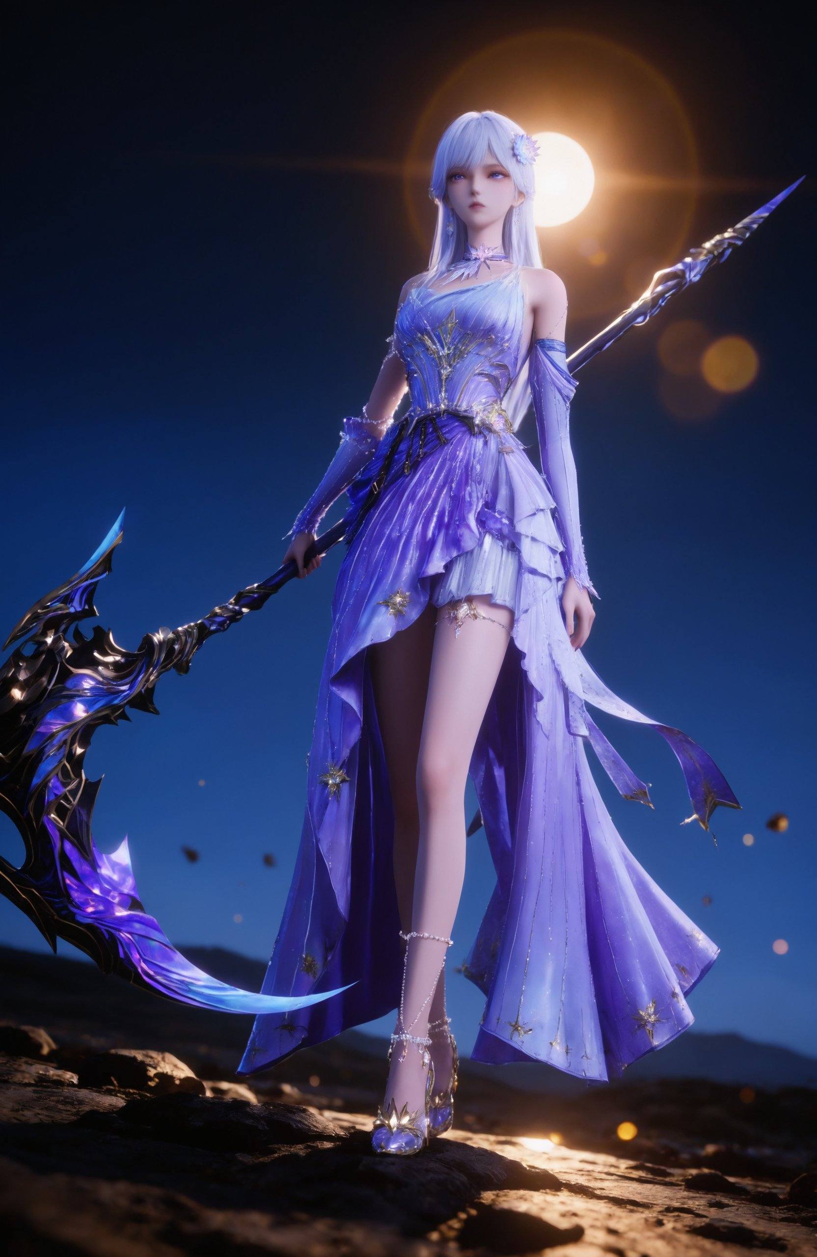 <lora:神印王座-圣采儿-190IL:0.8> 1girl, long hair, hair ornament, white hair, purple eyes, hair flower, purple dress, detached sleeves, high heels,holding, standing, full body, sky, holding scythe, weapon, night, scythe,, realistic style photo,outstanding style,Use soft lighting to cast gentle shadows on the subject,adding a touch of dimension to your images without compromising details,whirls of vapor,(Anime:1.1),soft neon light,ethereal ambiance,delicate details,magical atmosphere,concept art,highly detailed,ultra-high resolution,32K UHD,sharp focus,best-quality,masterpiece,golden hour,unconventional supreme masterpiece,masterful details,temperate atmosphere,with a high-end texture,in the style of fashion photography,magazine style,Dynamic Angle,Dynamic posture,magazine style,Dynamic Angle,Dynamic posture,(cowboy_shot:1.2),eye trail,depth of field,cinematic lighting,lens flare,close-up,extreme aesthetic,(wlop:0.6),(honjou raita,lack,rella,wanke:0.5),masterpiece,best quality,good quality,newest,year 2025,very aesthetic,absurdres,Visual impact,A shot with tension,ultra-high resolution,32K UHD,sharp focus,best-quality,masterpiece,Emotionalization,unconventional supreme masterpiece,masterful details,temperate atmosphere,with a high-end texture,in the style of fashion photography,(Visual impact:1.2),giving the poster a dynamic and visually striking appearance,