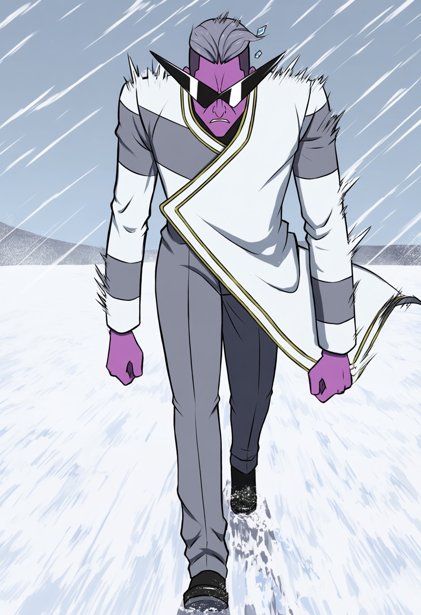 @chashire106. HuginDD,  a man with vibrant purple skin,  short swept-back grey hair on Tensor.Art