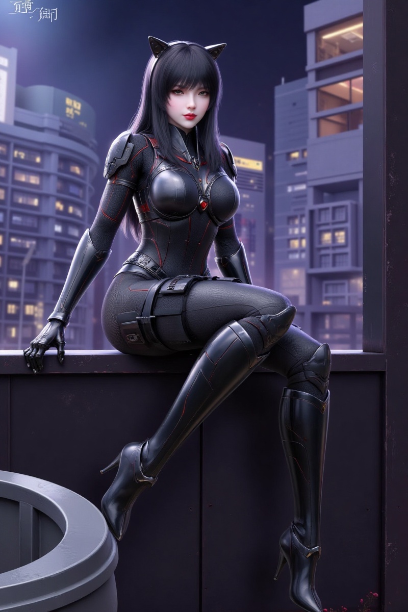 black hair,sfw,solo,breasts,long hair,photoshop (medium),red lips,lips,original,black eyes,boots,large breasts,high heels,black bodysuit,black footwear,sitting,gloves,bangs,full body,bodysuit,parted lips,short hair,knee boots,knee pads,helmet,looking at viewer,armor,elbow gloves,helmet on head,cat ears,bodysuit under clothes,elbow pads,original character,