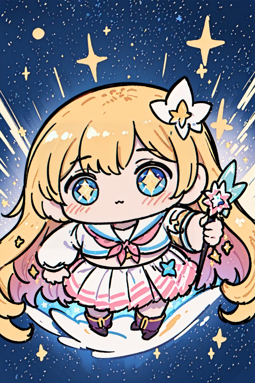 ((magical girl)),((gorgeous starry sky background)),((ultra-detailed)),((best illustration)),((cinematic lighting)),dynamic angle,floating,finely detailed,(glitter:1.2),(sparkle:1.2),(shine:1.2),classic,(painting:1.1),(sketch:1.1),(best quality),(masterpiece:1.2),(anime style),(solo),beautiful detailed face,(cute face:1.3),(big eyes:1.3),colorful hair,(long hair:1.2),(floating hair:1.2),(serafuku:1.5),detailed outfit,(sparkling wand:1.3),(magical effects:1.3),(flowing skirt:1.2),(cute boots:1.1),(transparent fabric:1.1),(twinkle:1.2),(glow:1.2),(radiance:1.2),(flicker:1.2),(dazzle:1.2),<lora:生草福娃:1>,