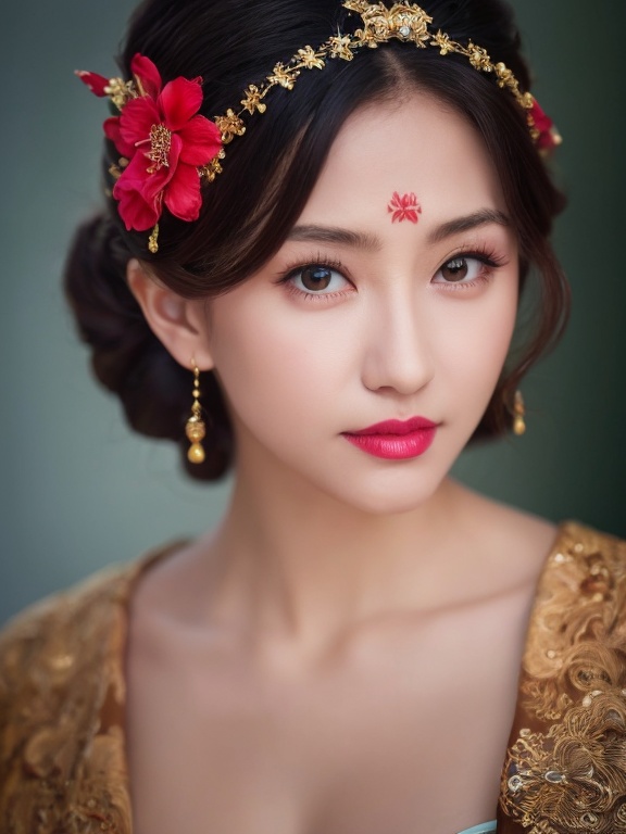 ((huadian)),close-up,High detail RAW color front view Picture of a stunning beautiful chinese girl,((light_smile)),((solo_focus,centered,looking at viewer:1.3)),(face_focus:1.2),((Her low-tied_updo with jewelry_accessories)),very_long_chain_earrings_with_green_drop,tiara,tassel,((intricated hair_ornament:1.2)),pale_skin,kanzashi,lipstick,chinese clothes,hair stick,parted lips,black_hair,ancient,gold embroidery,((intricated details:1.2)),((32k,RAW photo,best quality, masterpiece:1.2)),(photorealistic,Realistic:1.37),cinematic lighting,film still,atmosphere,ultra-detailed_face,detailed_eyes,long eyelashes,ultra-detailed skin and clothes,<lora:huadian_20240408133132:0.8>,((detailed red forehead_mark)),((petal_print)),{{forehead jewel:1.3}},gem_on_forehead,