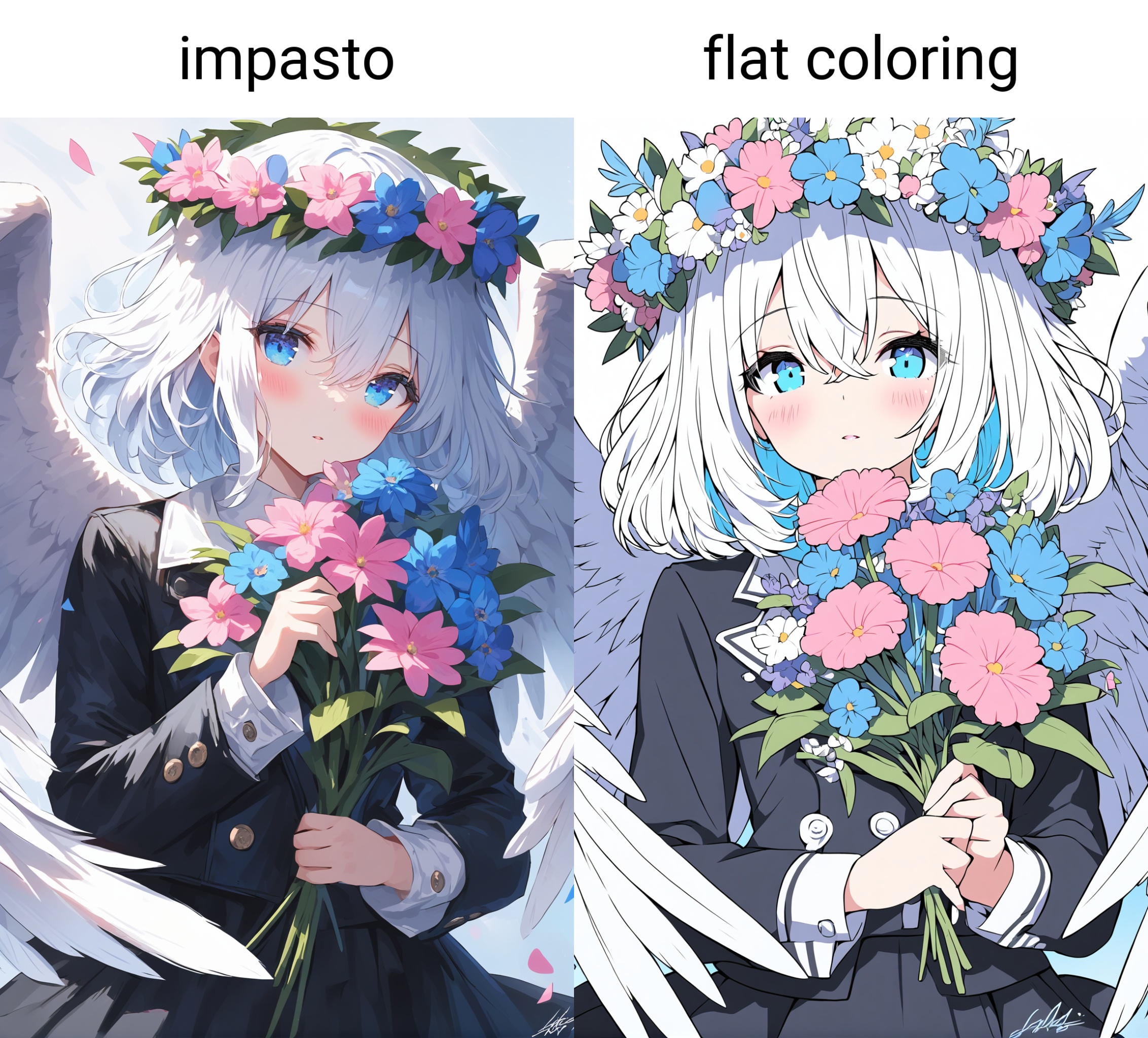 masterpiece,impasto,1girl,solo,blue eyes,flower,head wreath,wings,looking at viewer,white hair,pink flower,feathered wings,long sleeves,angel wings,shirt,white shirt,jacket,white wings,blush,parted lips,holding,blue flower,hair between eyes,white flower,black jacket,skirt,flower wreath,black skirt,signature,short hair,frills,buttons,medium hair,