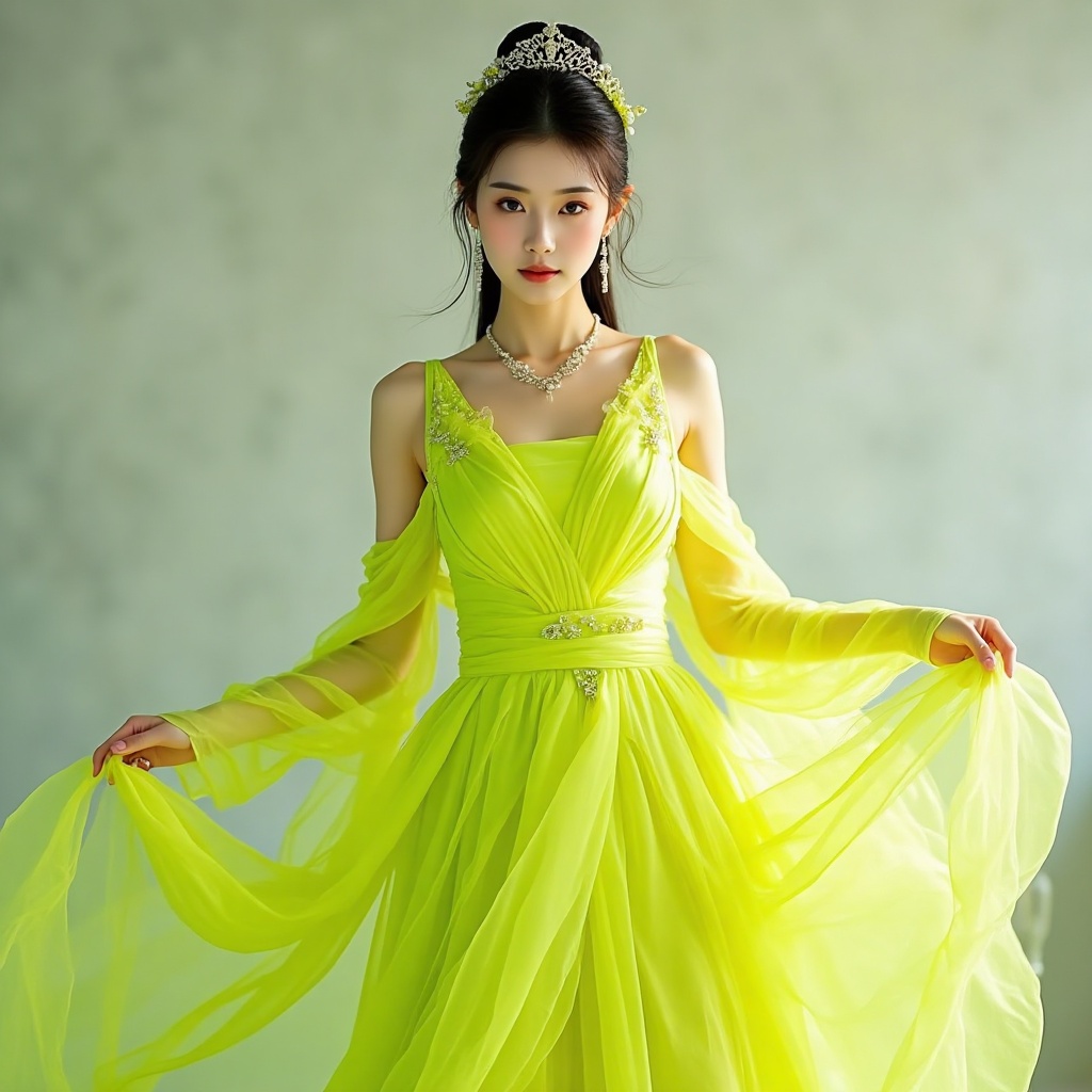 qingsha,qingsha,A Chinese beauty wearing a fluorescent dress,a full body frontal photo,focusing on a character,with a simple background,realistic,ultra-high resolution,8K,master's work.,
