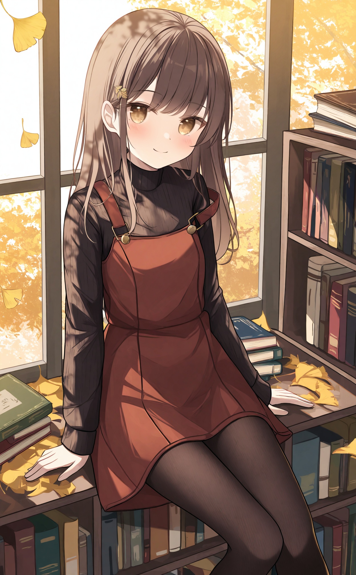 white_background,masterpiece,very aware,highres,absurdres,newest,best quality,loli,petite,high quality,chromatic_aberration,loli,loli,//,1girl,solo,brown_hair,long_hair,pantyhose,sitting,looking_at_viewer,book,smile,long_sleeves,autumn,shoes,window,hair_ornament,strap_slip,ladder,blush,autumn_leaves,black_footwear,closed_mouth,black_shirt,socks,shirt,yellow_eyes,brown_eyes,leaf,sweater,black_pantyhose,dress,book_stack,turtleneck,bookshelf,falling_leaves,tree,indoors,ginkgo_leaf,overalls,black_sweater,pinafore_dress,full_body,red_dress,brown_socks,brown_pantyhose,//,//,//,<lora:千道センリ——【noob】hans:0.8>,