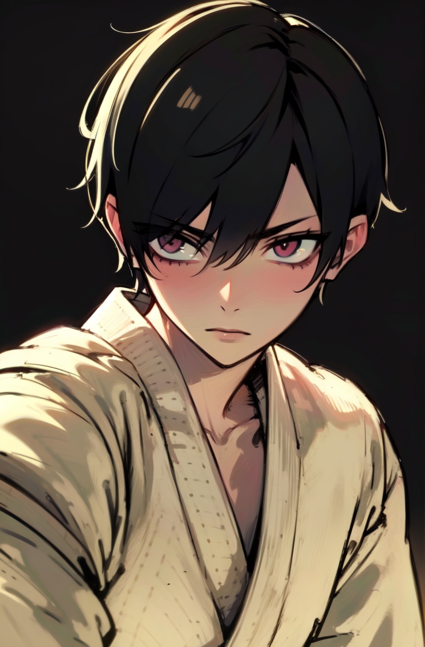 masterpiece,best quality,(absurdres,:1.4),1boy,black hair,short hair,portrait,dark,black background,judo throw,red eyes,expressionless,