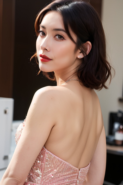 マスターチーフ PHOTOREALISTIC REALISTIC,masterpiece,best quality,highres,ultra detailed,8k,1woman,upper body,from behind,backless dress, looking back at viewer,makeup,lipstick,indoors,<lora:mengziyiAlexnsfw80:0.6>