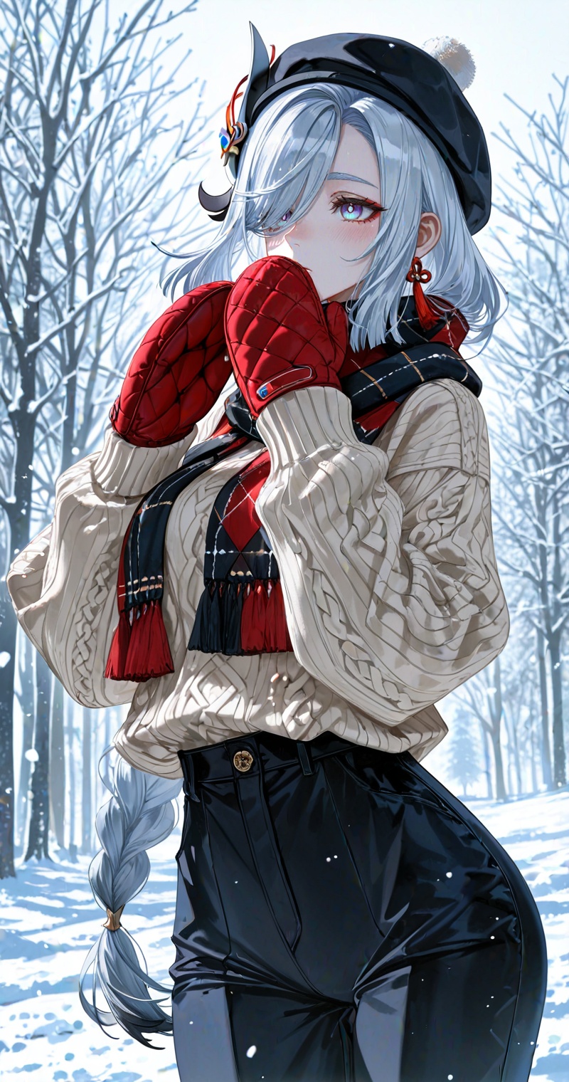 genshin impact \(series\),shenhe_(genshin_impact),shenhe (genshin impact),shenhe (genshin impact),hair over one eye,blue eyes,hair ornament,white hair,long braid,braid,beige_sweater,pants,fingers_together,Cover one's mouth,(halitus:1.5),blush,argyle_scarf,scarf_over_mouth,striped_scarf,oven_mitts,hat,in winter,simple_background,snow,floralwhite,antiquewhite,outdoor,front view,depth of field,(yoneyama mai:0.8),close-up details,outstanding style,adding a touch of dimension to your images without compromising details,whirls of vapor,iridescent textures,(Anime:1.1),ethereal ambiance,delicate details,magical high-concept,32K UHD,sharp focus,best-quality,masterpiece,golden hour,unconventional supreme masterpiece,masterful details,temperate atmosphere,with a high-end texture,in the style of fashion photography,photography,cover,dynamic angle,dynamic posture,(artist:quasarcake:0.8),extreme aesthetic,(wlop:0.6),(honjou raita, lack, rella:0.5, wanke),masterpiece,best quality,good quality,very aesthetic,absurdres,visual impact,a shot with tension,ultra-high resolution,32K UHD,sharp focus,best-quality,masterpiece,emotionalization,unconventional supreme masterpiece,masterful details,temperate atmosphere,with a high-end texture,in the style of fashion photography,(visual impact:1.2),giving the poster a dynamic and visually striking appearance,impactful picture,official art,colorful,splash of color,movie perspective,masterpiece,best quality,amazing quality,very aesthetic,absurdres,best quality,newest,