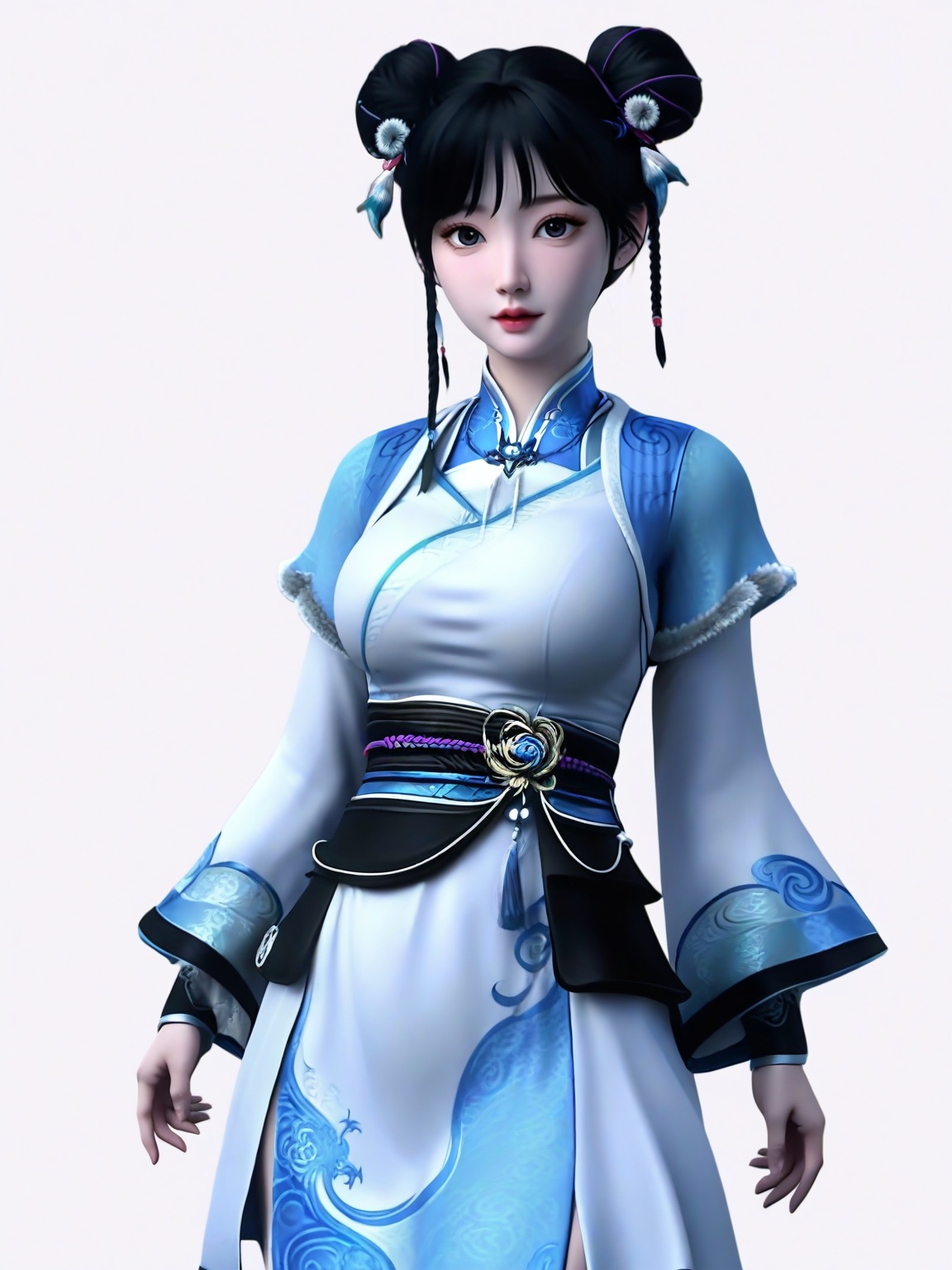 score_9,1girl,solo,double bun,bangs,black hair,dress,chinese clothes,standing, layered sleeves,eyelashes,braid,breasts,large breasts,lipstick,cowboy shot, looking at viewer,white background,simple background,<lora:SF_NingXiaoLing_Pony_Realism2.3-000004:0.7>,