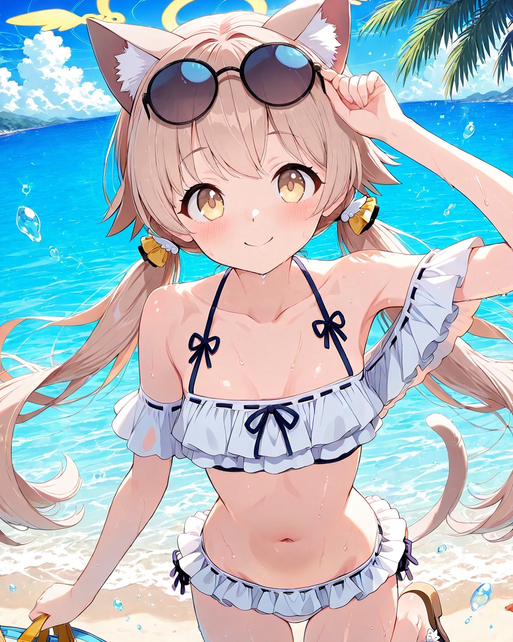 O,ultra detailed anime texture,1girl, animal ears, swimsuit, bikini, hifumi (blue archive), frilled bikini, solo, frills, cat ears, tail, white bikini, twintails, long hair, outdoors, sunglasses, cat tail, looking at viewer, halo, eyewear on head, yellow eyes, low twintails, sandals, water, collarbone, breasts, ocean, sky, day, small breasts, bag, bangs, navel, light brown hair, blush, water drop, wet, standing on one leg, smile, bare shoulders, tree, standing, closed mouth, beach, ribbon trim, cloud, palm tree, brown hair, off-shoulder bikini, very long hair,(UHD),anatomically correct,accurate,textured skin,super detail,high details,award winning,best quality,high quality,retinal,HD,16k,1080P,
