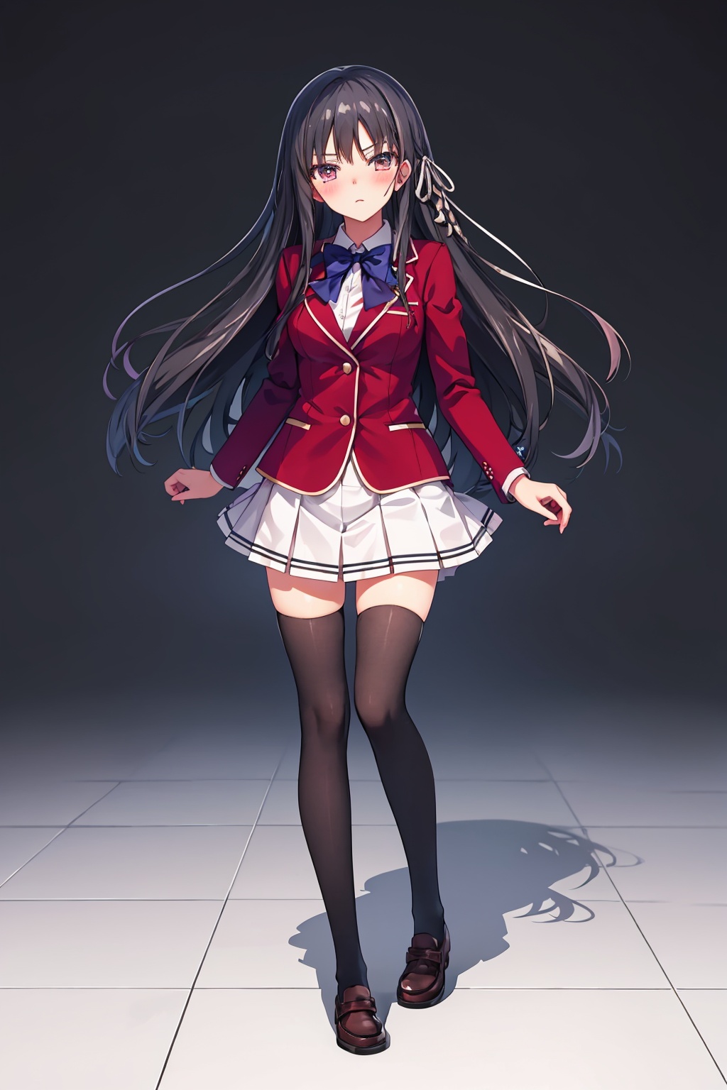 masterpiece,best quality, highly detailed, horikita suzune,school uniform,1girl,looking at viewer,solo,long sleeves,pleated skirt,red jacket,white shirt,white skirt,black thighhighs,white ribbon,collared shirt,blazer,closed mouth,shiny,blush,dress shirt,miniskirt,bowtie,zettai ryouiki,blue bowtie,full body,wing collar,<lora:horikita_suzune:1>