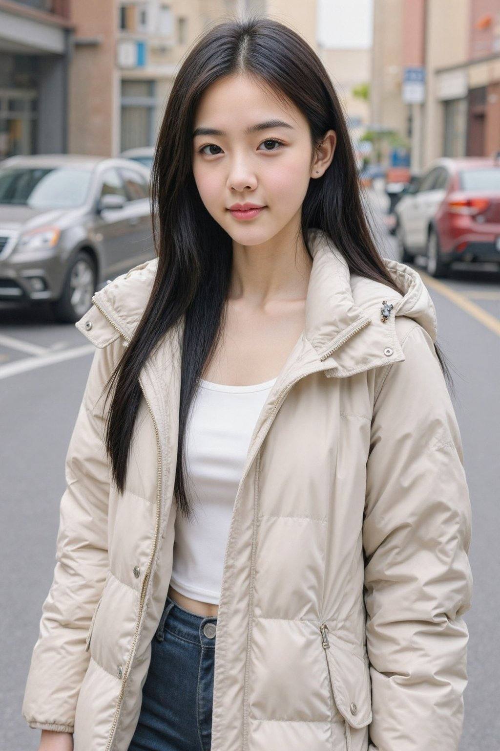 照片中是一位年轻的东亚女性,  留着长长的黑色直发,  身穿米色羽绒服和白色上衣 on Tensor.Art