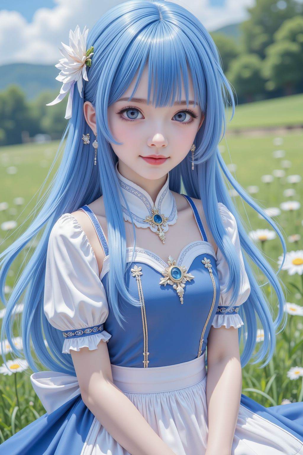 young girl, blue hair, white and blue dress, full body, hair ornament, flowers, outdoors,