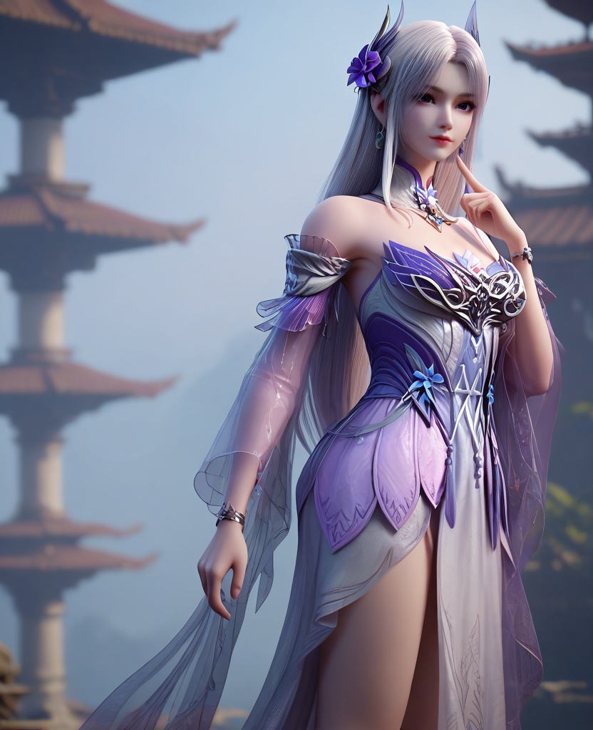 (oriental architecture, elegant decor, sophisticated style:1.1),(finger gun:1.1),looking at viewer,(breasts:1.2),<lora:XL16斗破苍穹斗尊小医仙:0.95>,miss xiaoyixian,purple bodice,white high-slit asymmetrical skirt,rufous eyes,sidelocks,white hair,hair ornament,long hair,jewelry,detached collar,see-through sleeves,bracelet,skirt see-through hem,anklet chain,high heels,, score_9,score_8_up,score_7_up,score_6_up,score_5_up,score_4_up,3d rendering,tag1,tag2, Cinematic Lighting,backlighting,, zPDXL3, zPDXL2,zPDXL, zPDXLxxx, zPDXLrl,