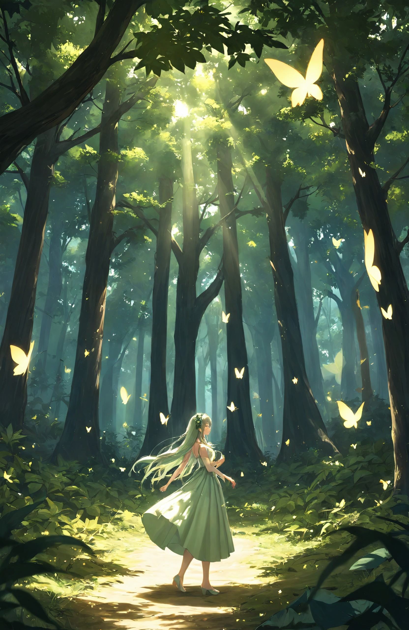 Fantasy Forest, a mystical girl playing with glowing butterflies, surrounded by oversized leaves and magical creatures, bathed in dappled sunlight