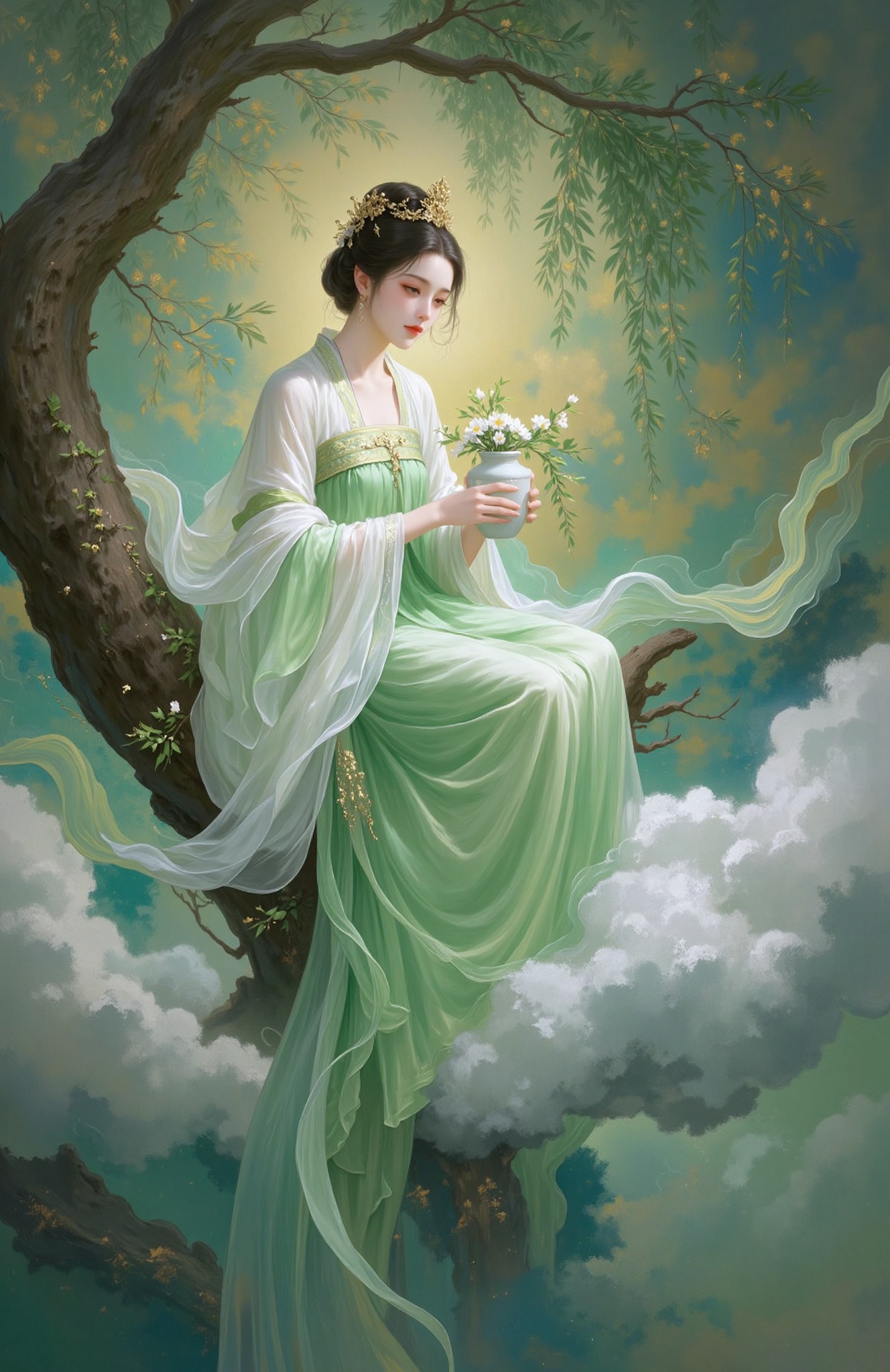 191guofeng,gold foil rock color,rock color painting,frosted texture painting,Chinese style professional painting,a woman in a green dress sitting on a tree branch,green hanfu,smoke,water,snake tail,forest,drak background,bokeh,Soft focus,ink landscape background,flowing ink hanbok,ethereal light,guanshiyin,(((guanshiyin,A woman in a white robe, Goddess of Mercy, with a crown on her head, sitting on a cloud, holding a vase of flowers with a willow branch in it, photography style, realistic painting style, close up Close up, full body shot, clouds, HD, high quality style))),contemplative surroundings,