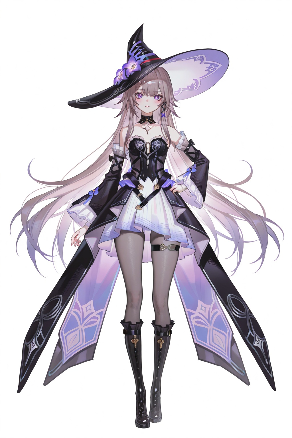 8k,best quality,masterpiece,(ultra-detailed),(high detailed skin),safe_pos,masterpiece,absurdres,newest,iumu,shinanoya \(satanicad\),jima,(whitebc:0.75),reoen,(healthyman:0.5),yoshinari you,(sparkling eyes:1.2),by Wlop and Ilya Kuvshinov style,cel-shading with soft gradients,cinematic composition,depth of field,(lens flare:0.7),(light bloom:1.1),(subtle film grain:0.5),pastel color palette,(fkey:0.6),(fuzichoco:0.6),impasto,full body,full shot,standing,looking at viewer,(solo:1.2),simple background,(white background:1.2),hand on own hip,(white background:1.1),<lora:herta-IL-Tanger:0.8>,The herta \(honkai: star rail\),daherta,clothes:daheta purple witch dress,witch hat,teengirl,1girl,long hair,boots,detached sleeves,purple eyes,grey pantyhose,black footwear,earrings,jewelry,A full-body portrait of a young girl,standing gracefully,pastel art style,high-key lighting,shoujo manga influence,hd quality,delicate details,