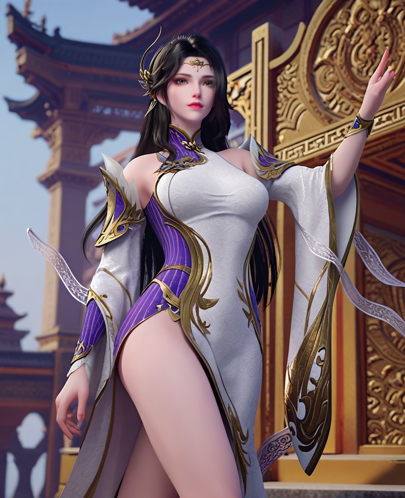 (oriental architecture, elegant decor, sophisticated style:1.1),(hurdle race,jumping:1.1),looking at viewer,(breasts:1.2),<lora:XL斗破苍穹玄衣:0.95>,miss xuanyi,white paired with purple dress,buff eyes,hair ornament,black hair,long hair,detached sleeves,shawl‌‌,, score_9,score_8_up,score_7_up,score_6_up,score_5_up,score_4_up,3d rendering,tag1,tag2, Cinematic Lighting,backlighting,