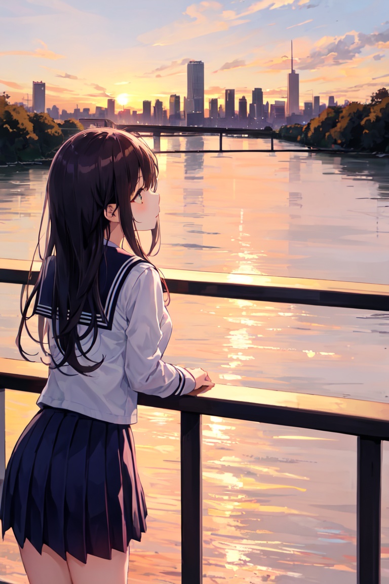 1girl,  school uniform,  leaning against a railing on a bridge on Tensor.Art
