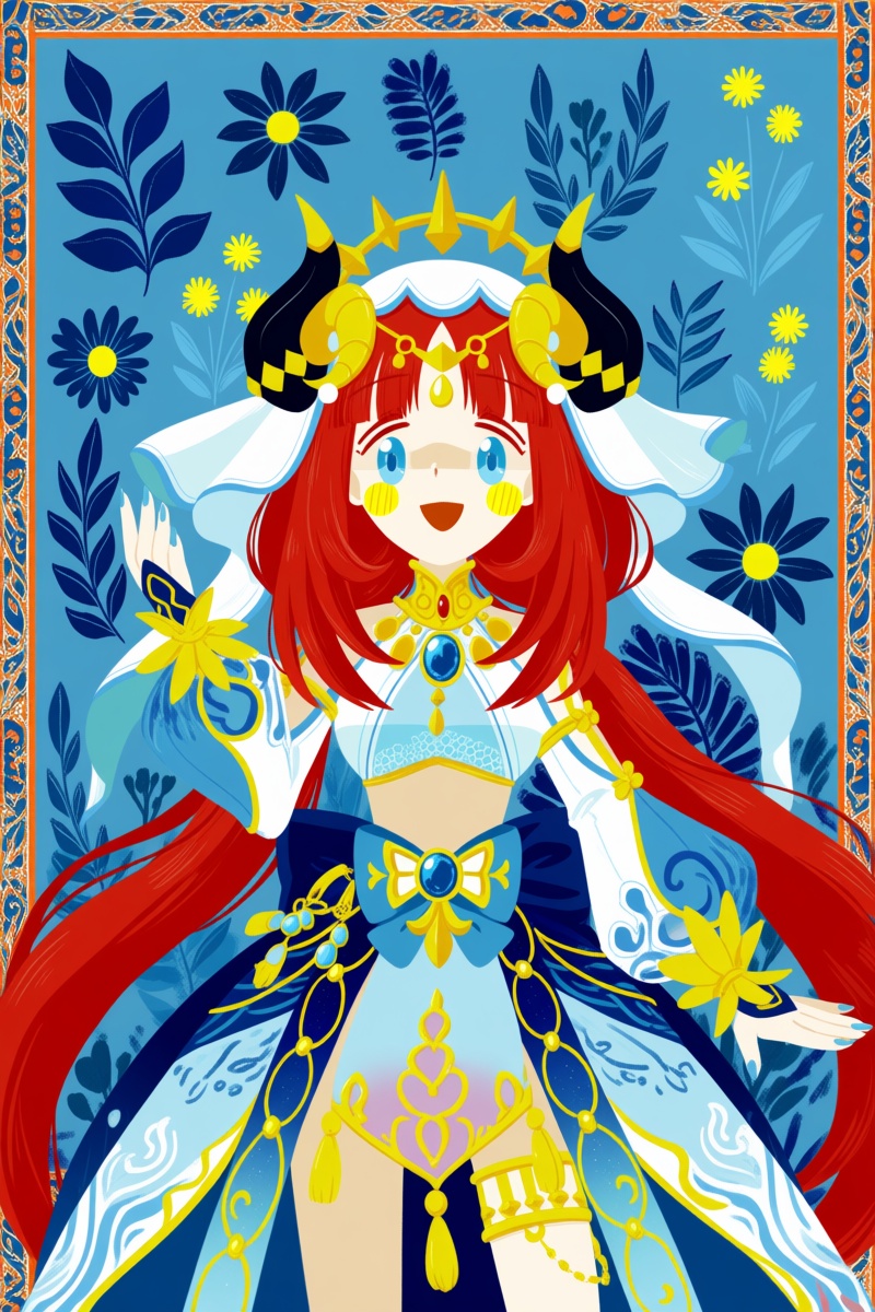 @jsslnst,  A drawing of a woman with long red hair,  standing against a blue floral background. She wears a blue and gold...