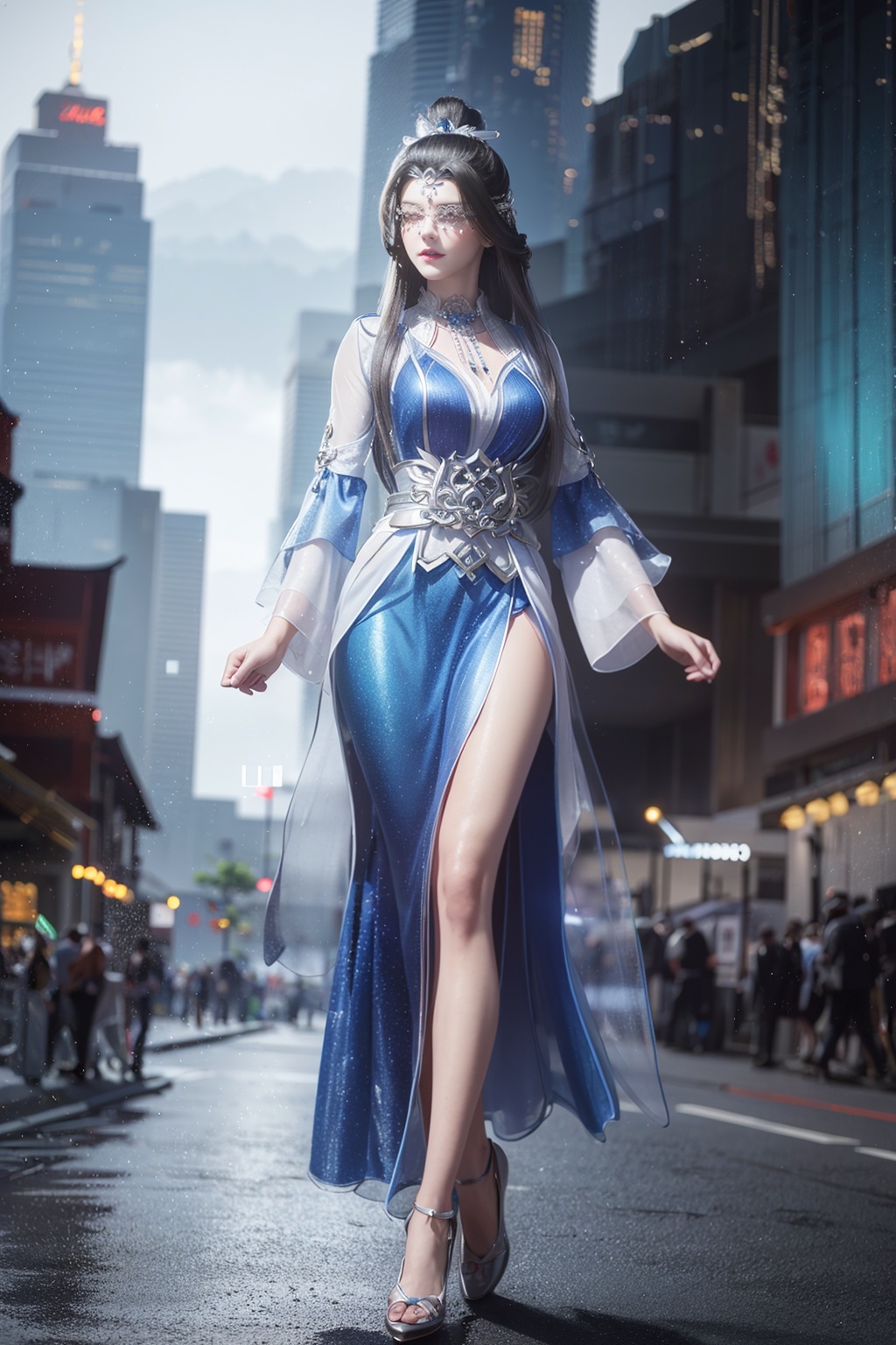 xianni\(lanruo\),chinese dress,1girl,solo,full body,dynamic pose,cinematic_angle,<lora:lanruo_v1:0.7>,neon lights,cityscape,skyscraper,