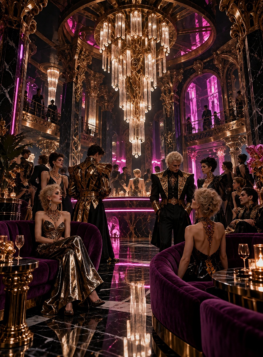 An extravagant 1980s nightclub filled with wealthy aristocrats wearing sculptural evening gowns,  broad-shouldered suits a...