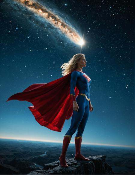 masterpiece,high quality,8k,(from side),photo,realistic,realistic skin,pores, 1girl, supergirl,dc_comics,cape,costume,blonde hair,flying in the sky,planets,universe,stars,exhaling a stream of incredibly cold air super power,freeze breath,cinematic,volumetric lighting,dramatic lighting,night,dimly lit,film grain