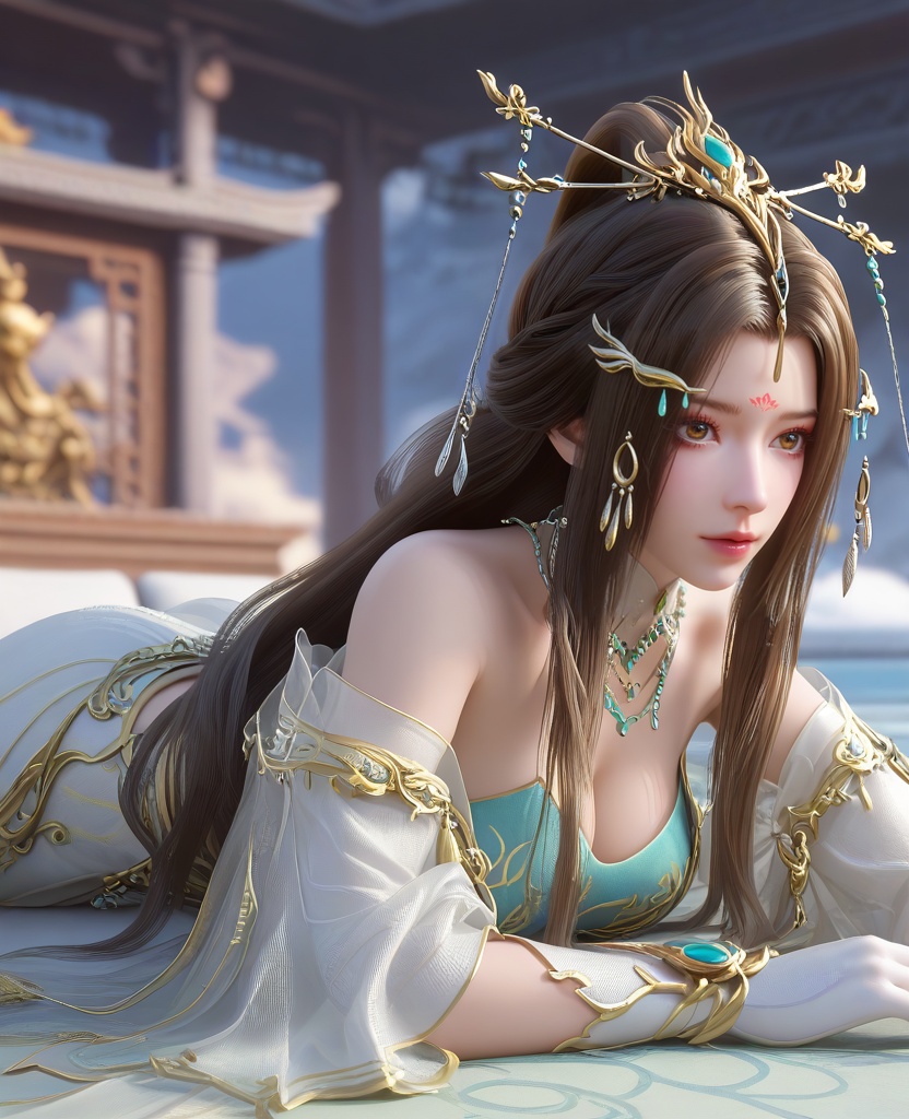 (oriental architecture, elegant decor, sophisticated style:1.1),(Lying, on stomach with palms up,:1.1),(head out of frame:1.1),(large breasts:1.2),<lora:XL16云深不知梦云望舒少宗主服:0.95>,miss yunwangshu,white gown with tulle skirt,shawl,brown eyes,forehead mark,very long hair,traditional chinese updo with long front strands,hair ornament,jewelry,blue bandeau,white gloves,, score_9,score_8_up,score_7_up,score_6_up,score_5_up,score_4_up,3d rendering,tag1,tag2, Cinematic Lighting,backlighting,