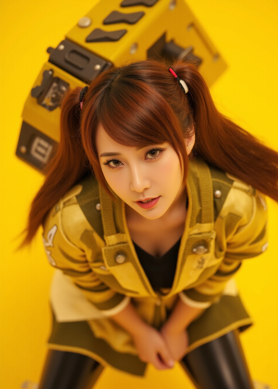 Masterpiece, Top quality, beautiful Korean woman, doll-like face, clean skin, neat honey-brown twintails, bright challenging grin, school jersey-style power suit, armored panels, active pose, giant high-tech warhammer, resting on shoulder, intensely saturated monochromatic citrine-yellow background, POV, high angle, face-focused close-up, looking up at viewer, massive warhammer head, visible behind her, framing face
