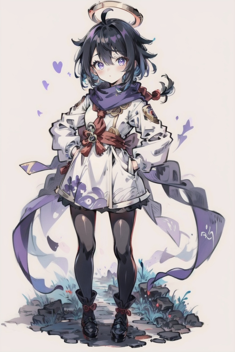 ((HRD, HUD, 8K)),((masterpiece, best quality)), highly detailed,YuanShen, 1girl, solo, paimon (genshin impact), black scarf, scarf, hands on hips, black hair, ahoge, boots, long sleeves, looking at viewer, bangs, full body, dress, closed mouth, white dress, blue eyes, standing, blush, halo, simple background, cape, hair between eyes, grey background, purple eyes, <lora:20240318-1710771192163:0.9>