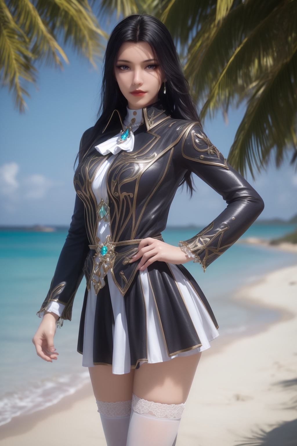 photo_\(medium\),(8k, RAW photo, best_quality),(masterpiece:1.2),(realistic:1.2),(photorealistic:1.3),(ultra-detailed),(extremely_detailed_cg_8k_wallpaper),(crystal_texture_skin:1.3),(shiny:1.2),(shiny_skin:1.4),(extremely_delicate_and_beautiful),shenfengLingLuoChen,1girl,solo,dress,ascot,skirt,torogao,white thighhighs,long sleeves,uniform,zettai ryouiki,standing,jewelry,hair ornament,lips,realistic,looking at viewer,Summer,Beach,Sea,sunshine,<lora:shenfengLingLuoChen_20240512215006-000004:0.7>,