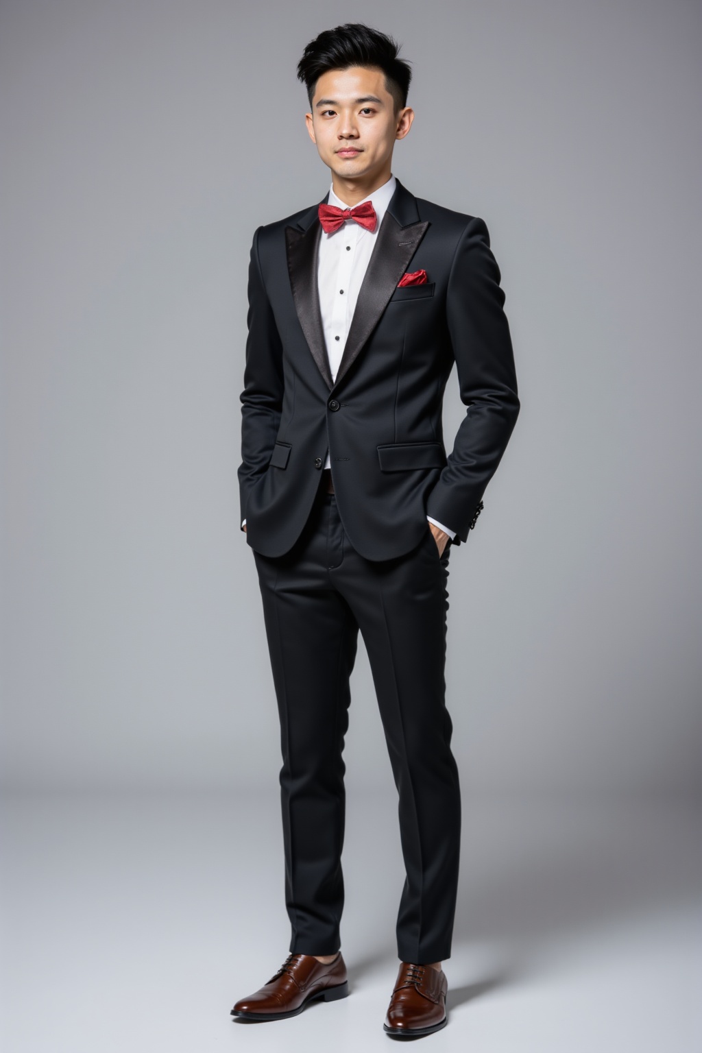 <lora:20250110_AgainCharacters_Flux:1>, 1boy, male focus, solo, bow, bowtie, black hair, brown footwear, pants, realistic, black pants, full body, jacket, looking at viewer, shirt, red bow, standing, shoes, red bowtie, grey background, black jacket, long sleeves, formal, suit