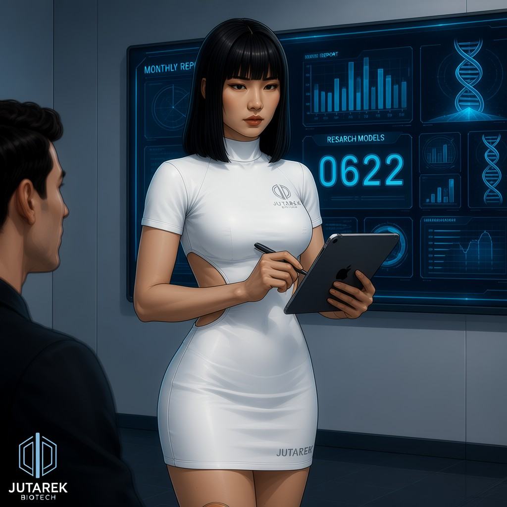 Digital artwork of a serious-looking Asian woman with straight black hair and bangs,  standing in a modern,  tech-filled r...