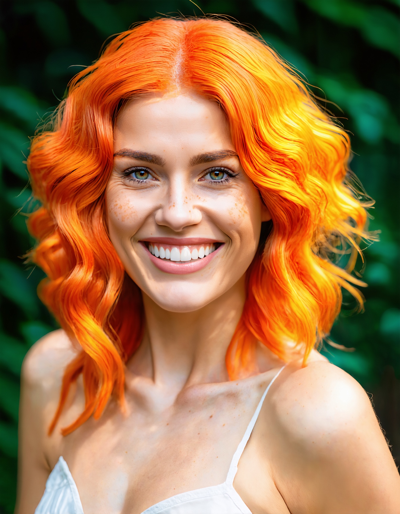 Ultra-detailed,  highly realistic portrait of a smiling woman,  bright orange and yellow wavy hair on Tensor.Art