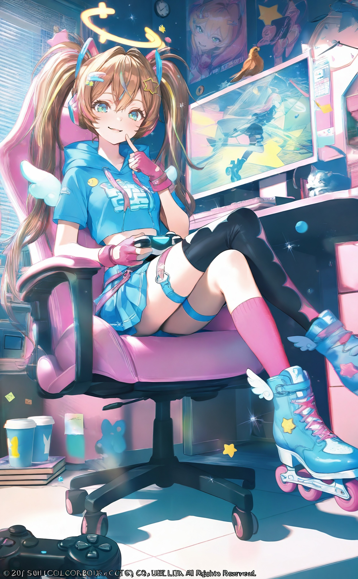 masterpiece,absurdres,best quality,petite,high quality,//,1girl, window_blinds, game_controller, asymmetrical_legwear, skates, swivel_chair, monitor, controller, single_thighhigh, roller_skates, gloves, thighhighs, indoors, solo, socks, sitting, thigh_strap, skirt, twintails, holding_controller, single_sock, chair, holding_game_controller, long_hair, holding, playstation_controller, hood, crossed_legs, blonde_hair, uneven_legwear, looking_at_viewer, inline_skates, window, figure, multicolored_hair, pink_hair, hood_down, shelf, gamepad, shoes, office_chair, cat, book_stack, single_kneehigh, blue_skirt, mismatched_legwear, short_sleeves, poster_\(object\), book, cup, pink_socks, sneakers, midriff, black_thighhighs, full_body, blue_footwear, smile, hair_between_eyes, sparkle, gaming_chair, hoodie, bookshelf, computer, pleated_skirt, star_\(symbol\), picture_frame, parted_lips, desk, fingerless_gloves, crop_top, blue_shirt, sticky_note, blue_hoodie, miniskirt, kneehighs, blue_eyes, bird, winged_footwear, blue_jacket, animal, drawing_\(object\), green_eyes, hair_ornament, keyboard_\(computer\), headphones, halo, shirt, finger_to_mouth, watermark, television, artist_name, streaked_hair, pink_gloves, chromatic_aberration, wings, virtual_youtuber, copyright_name, english_text, hooded_jacket, breasts, brown_hair, open_mouth, clock//,<lora:ssxd——【noob】hans:1>,