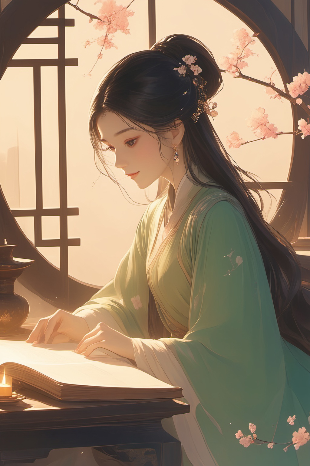 1girl,long hair,window,jewelry,solo,hair ornament,earrings,flower,peach blossom,branch,black hair,green dress,dress,sitting,book,looking down,chinese clothes,round window,upper body,hair bun,table,light,from side,indoors,long sleeves,lantern,GFGF
