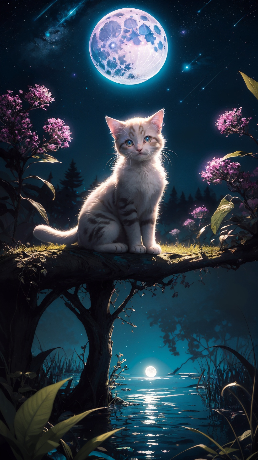Ultra detailed illustration of a cute fluffy kitten sitting in a clearing flooded with moonlight, starry sky, moon lost in a magical world of wonders, glowy, bioluminescent flora, incredibly detailed, pastel colors, handpainted strokes, visible strokes, oil paint, art by Mschiffer, night, bioluminescence