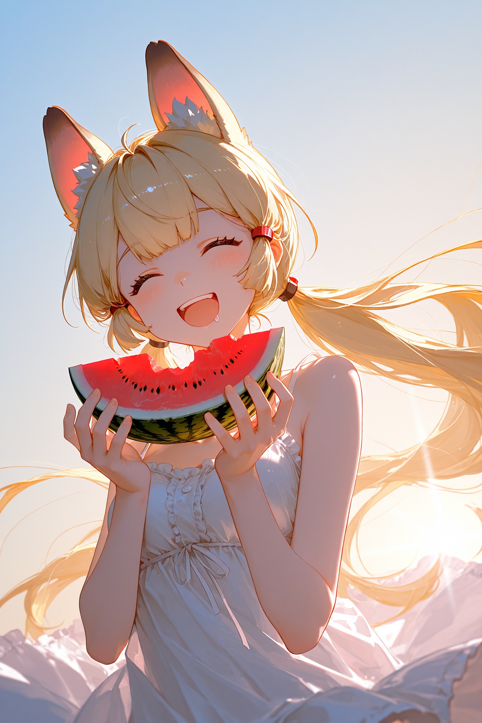 masterpiece,best quality,good quality,Alice Thymefield \(Zenless Zone Zero\),anime character,dynamic angle,a girl eating a small slice of watermelon with both hands,hair flaps,cute,happy,joy,beautiful aesthetic,long hair,floating hair,sunlight,gradient sky,natural image,happy,summer dress,closed eyes,[close up],smile,[drool],kawaii BREAK wide shot,perspective,pastel color background,vivid color,(simple background),(by tianliang duohe fangdongye),[by quasarcake],
