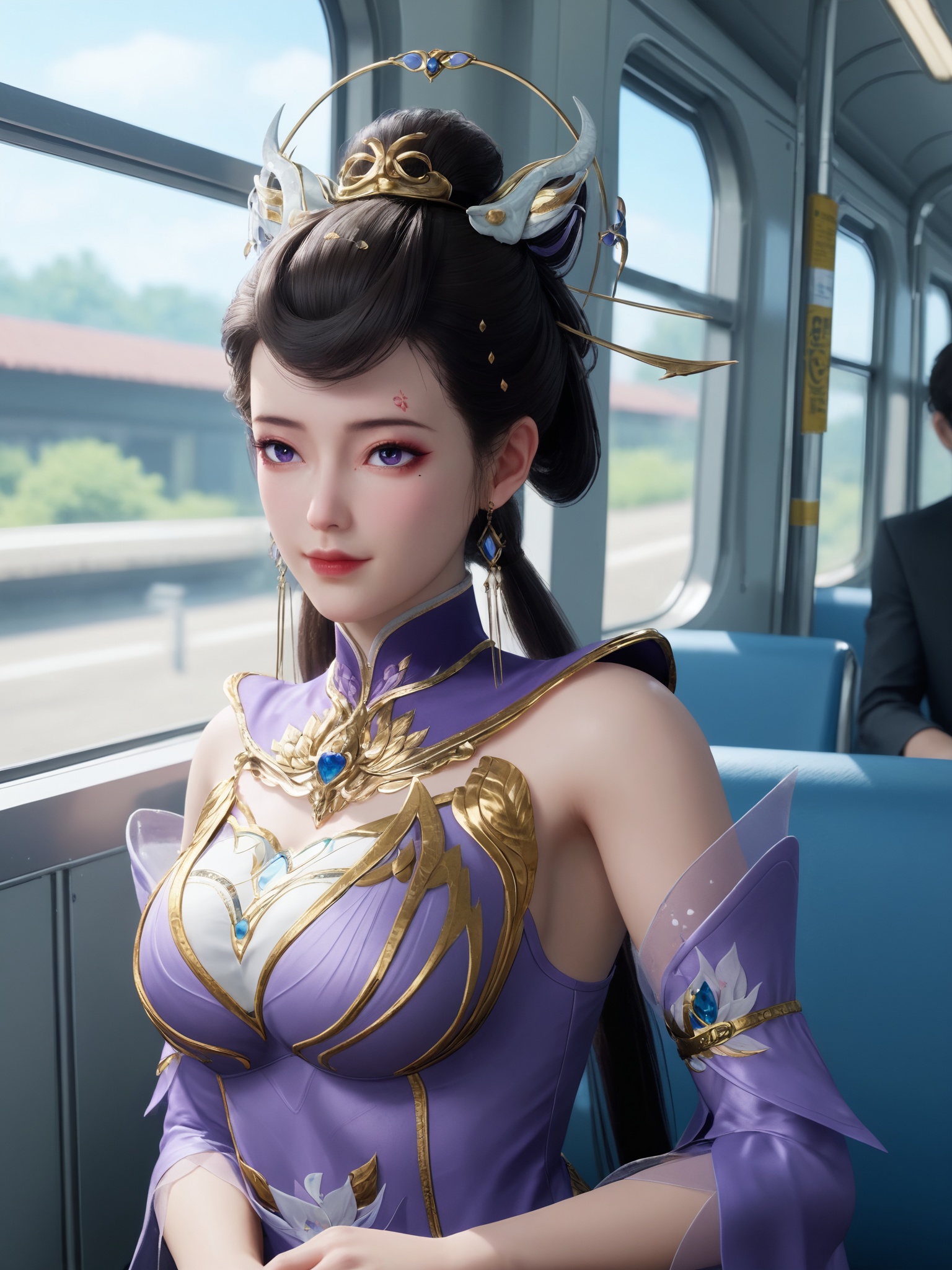 solo,1girl,<lora:师兄啊师兄-天狐小兰Pony_v6:0.6>,purple eyes,dark hair is intricately styled,adorned with delicate,ornate headpiece,wears an ornate,lavender-colored dress with intricate gold accents,including a high-collared,sleeveless design,perfect and delicate hands,BREAK fair_skin,white_skin,shiny_skin,Ivory_skin,solo focus,(perfect_face:1.2),(perfect_anatomy:1.1),(upper_body:1.2),(portrait:1.1),large breasts,sitting,(train_interior:1.1),(blurry_background:1.2),score_9,
