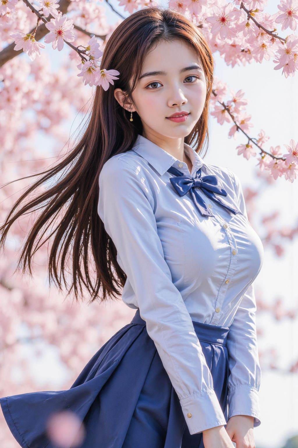 1girl,blue school uniform,skirt,smirk,solo,long hair,looking at viewer,peach tree,peach blossom,petals,closed mouth,
