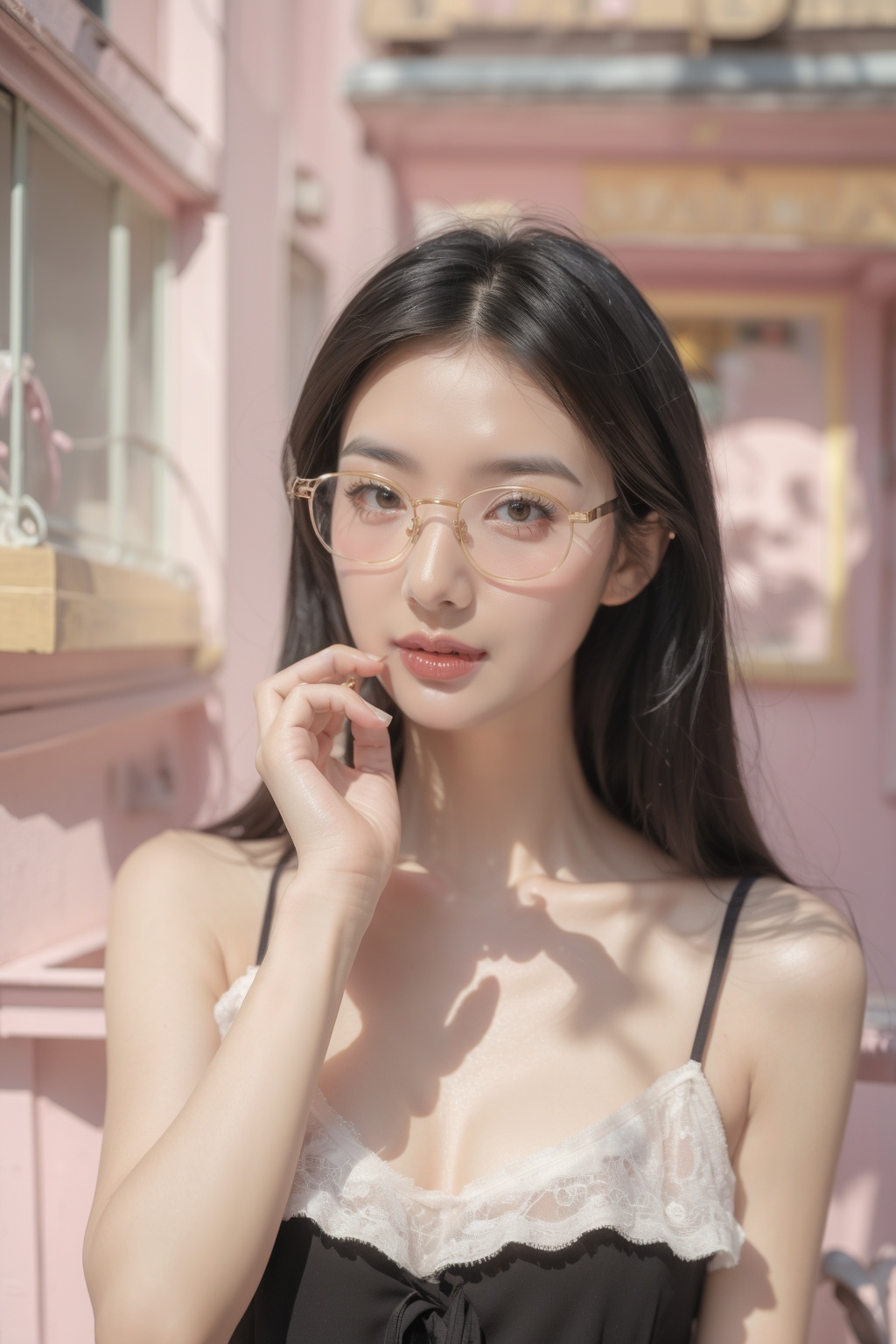 masterpiece,best quality,realistic,in summer,1girl,long black hair,fashion wearing,<lora:Hyper-SD15-12steps-CFG-lora:1>looking at the viewer,pure and sweet,<lora:wes_anderson-000004:1>,by wes anderson,glasses,