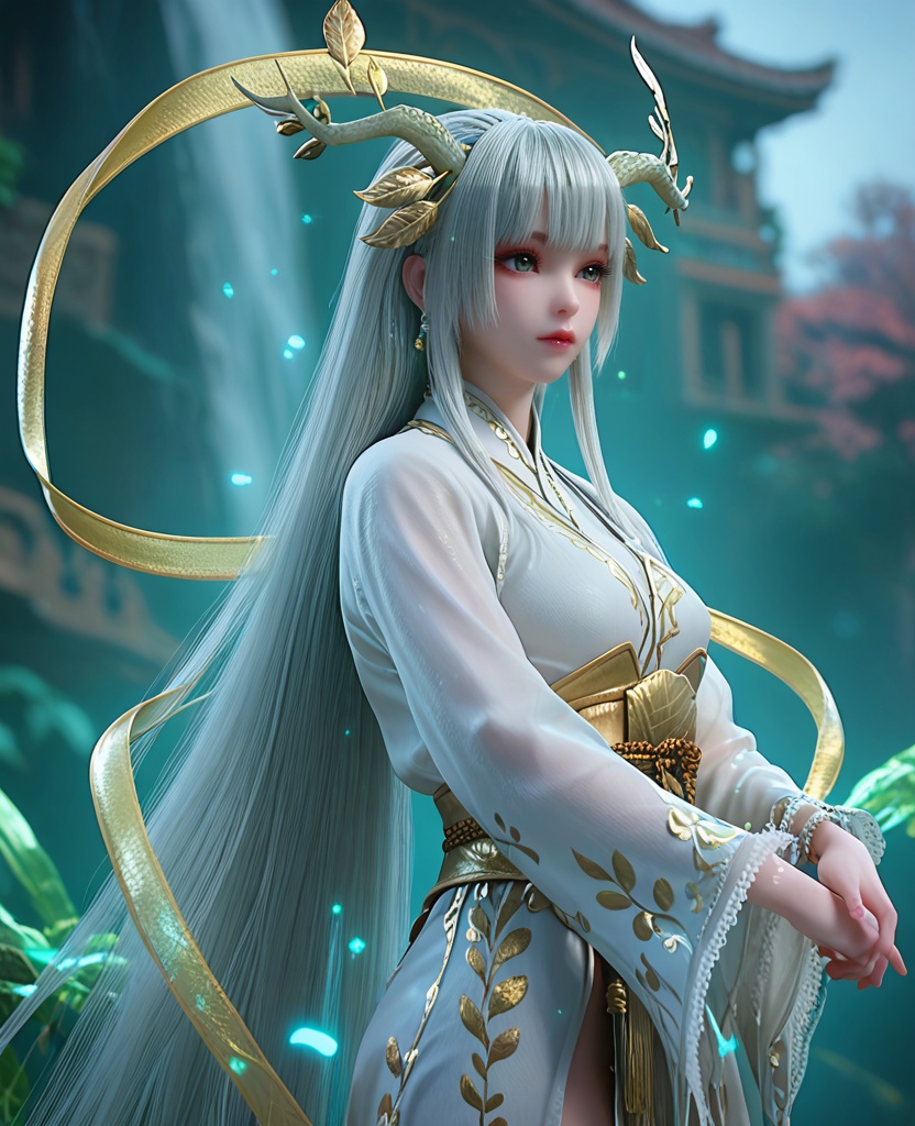 (oriental architecture, elegant decor, sophisticated style:1.1),Bending down to tie shoelaces, while a friend or loved one playfully pulls the other lace,,(breasts:1.2),<lora:XL完美世界虚天神藤:0.9>,miss xutianshenteng,solo,white kimono,green eyes,leafy branches hair ornament,bangs,white hair,long hair,red lips,sash,obi,see-through wide sleeves,clothing patterns,light particles,hagoromo,beads bracelet,tassel,outer skirt,, zPDXL2, score_9, score_8_up, score_7_up BREAK realistic, masterpiece,best quality, highly detailed,, zPDXL3, zPDXL2,zPDXL, zPDXLxxx, zPDXLrl,