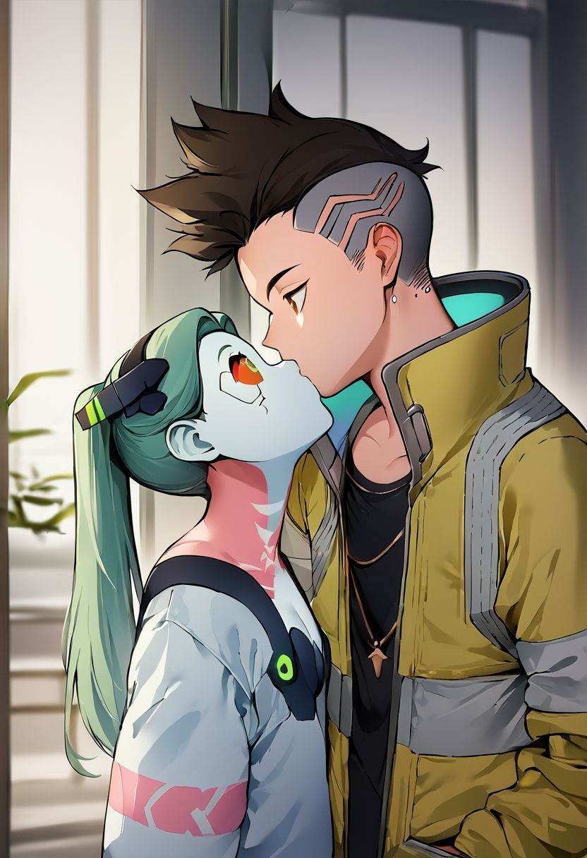 couple portrait,  (xmultiplex:1 0),  1boy and 1girl kisses in futuristic city on Tensor.Art