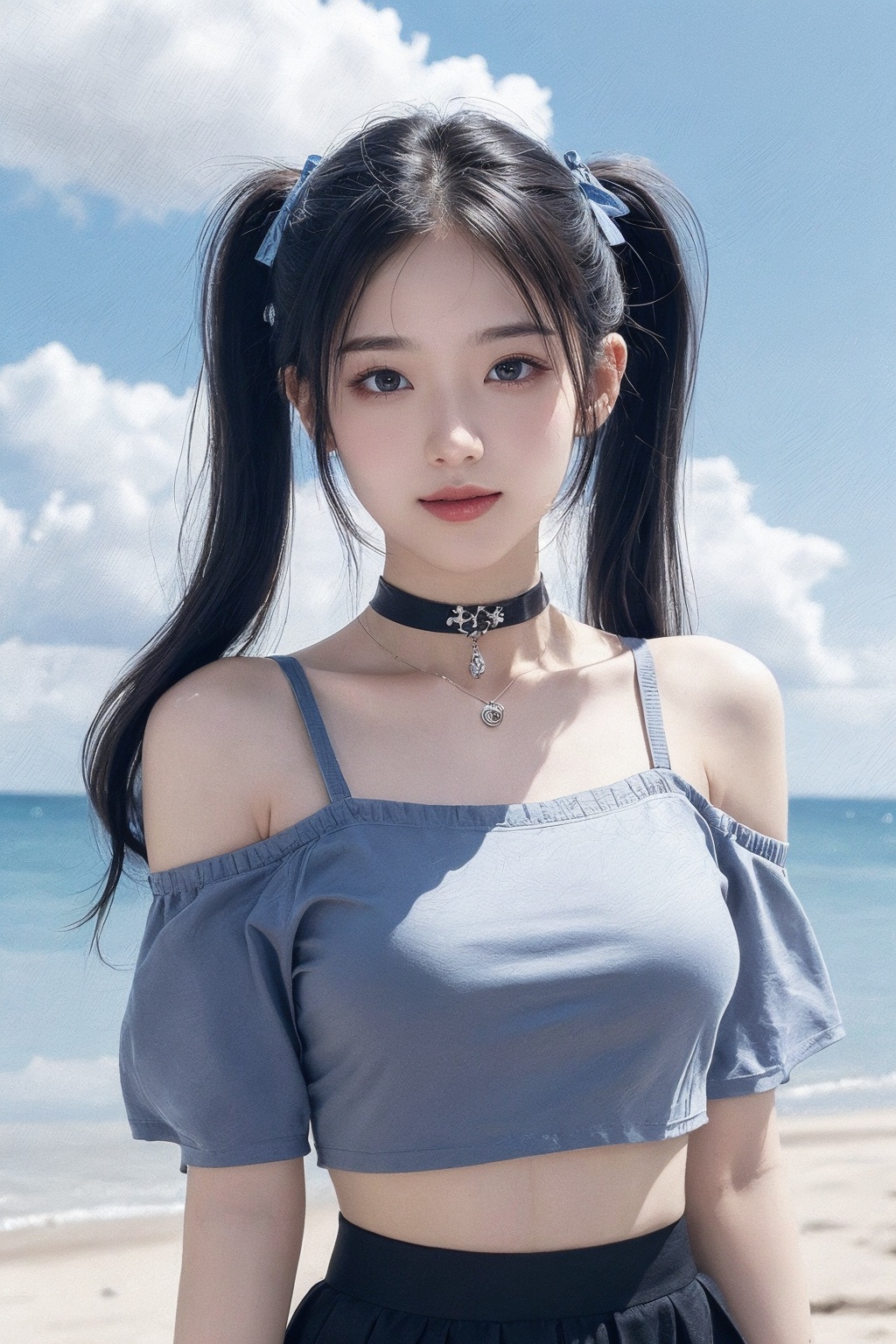 1girl,beach, black choker, black skirt, blue hair, blue sky, bra strap, bracelet, breasts, choker, cloud, cloudy sky, cowboy shot, crop top, cross, day, hair ribbon, jewelry, lips, long hair, looking at viewer, midriff, navel, necklace, ocean, off-shoulder shirt, off shoulder, outdoors, pleated skirt, ribbon, shirt, skirt, sky, smile, solo, standing, twintails <lora:美女:0.66>