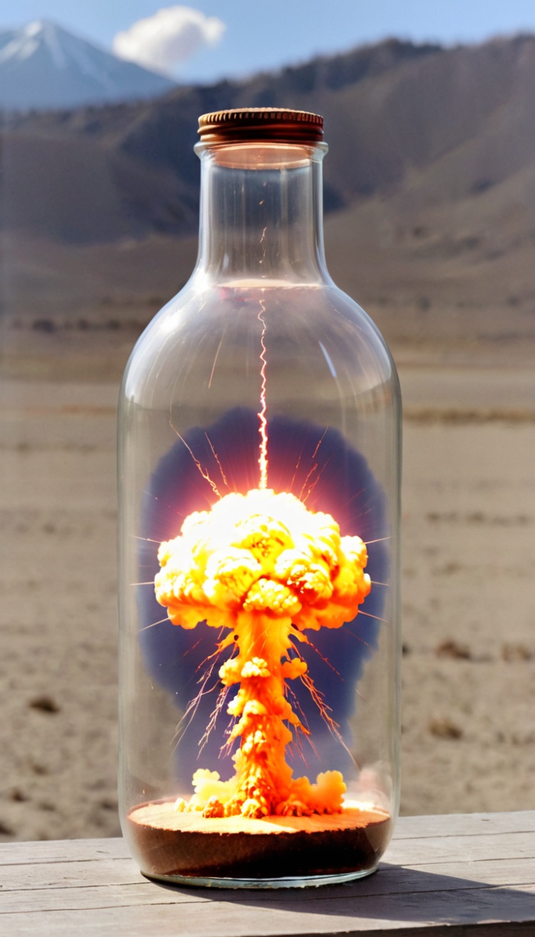 nuclear explosion inside a large transparent bottle,