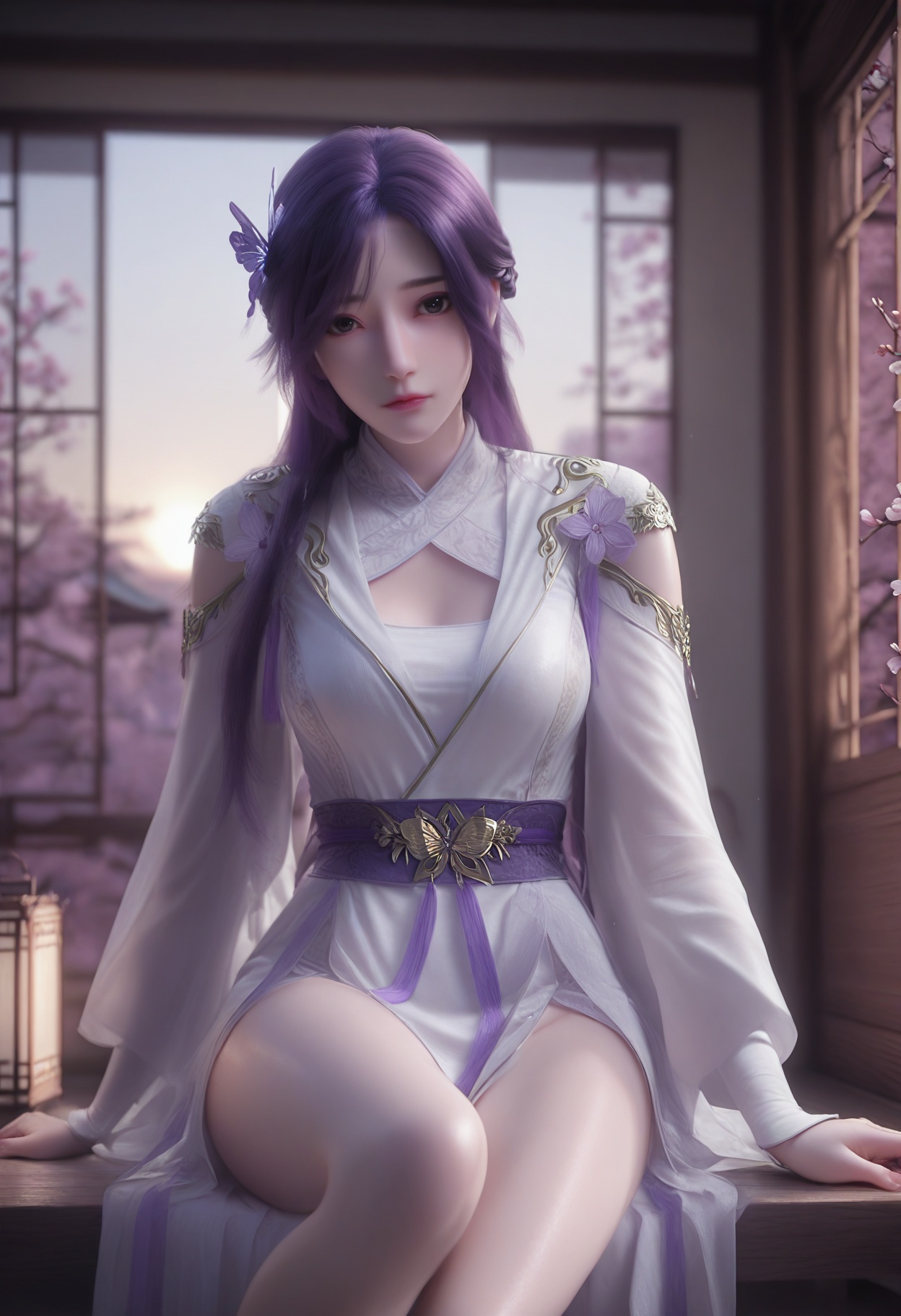 Yun_**_new,1girl,hair ornament,purple hair,long hair,solo,blurry background,looking at viewer,black eyes,bangs,hair flower,butterfly hair ornament,braid,realistic,<lora:Yun_**_*****_10_illu-000004:0.75>,white dress,purple dress,sash,chinese clothes,long sleeves,clothing cutout,photorealistic,hyperrealistic,<lora:realistic filter [IL]:1>,(pale skin:0.8),looking at viewer,sitting,(thin legs,very thin thighs,slim thighs,skinny,slender thighs:1.2),lantern,open window,looking at viewer,indoors,mountains,blossoms,flowers,east asian architecture,beautiful sunrise,warm ambient temperature,