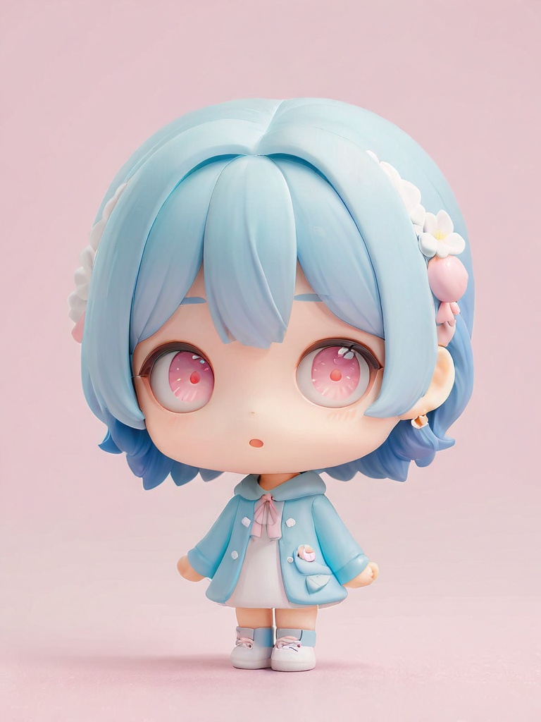 chibi,blind box,a light on a blue,faced k-pop girl,(masterpiece:1.2),hi-res,4k,extremely delicate and beautiful art,pastel color,pink eyes,blue hair,portrait,