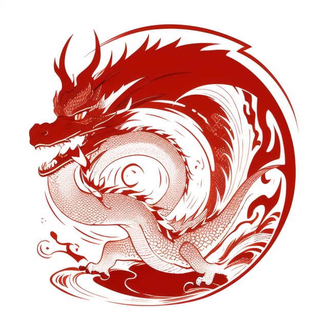 dragon pattern, flat, white background, monochrome, full body, from side, no humans, fangs, red theme, eastern dragon,<lora:lbc_Dragon_pattern:0.4>,
